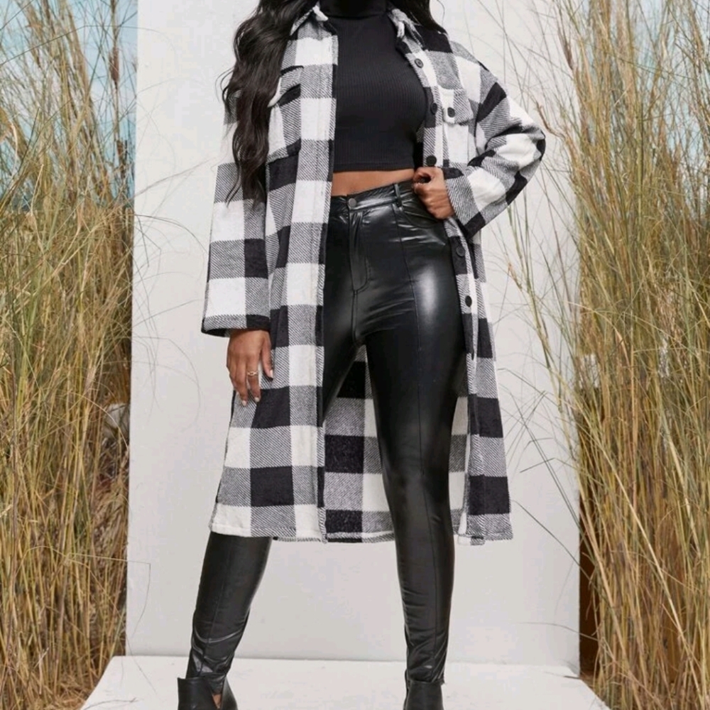 Gingham Print Flap Pocket Teddy Coat